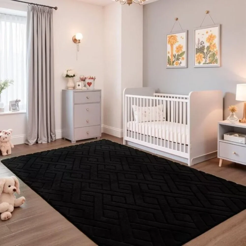 New 5x7 Black Washable Area Rug Geometric Shag with Non-Slip Backing